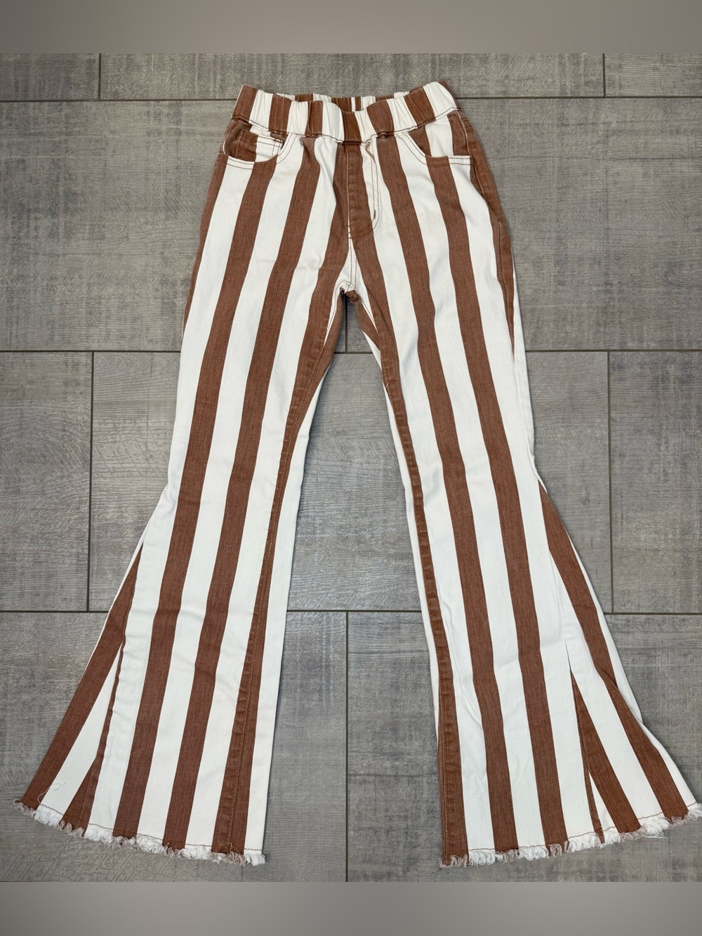 Girls Stripe Flare Leg Raw Hem Brown & White Jeans Large Saints & Hearts